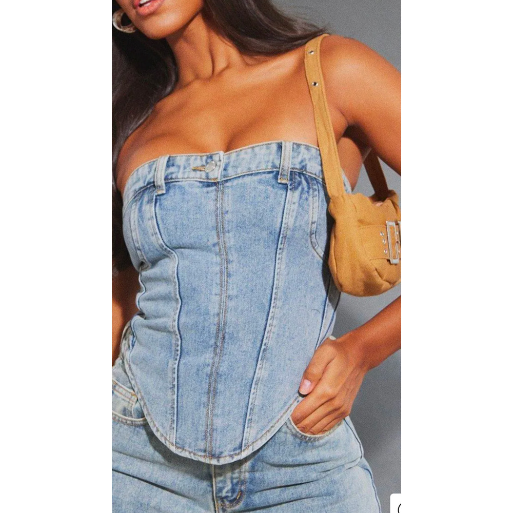 PrettyLittleThing Light Blue Wash Jean Waistband Detail Denim Corset Top Size 24